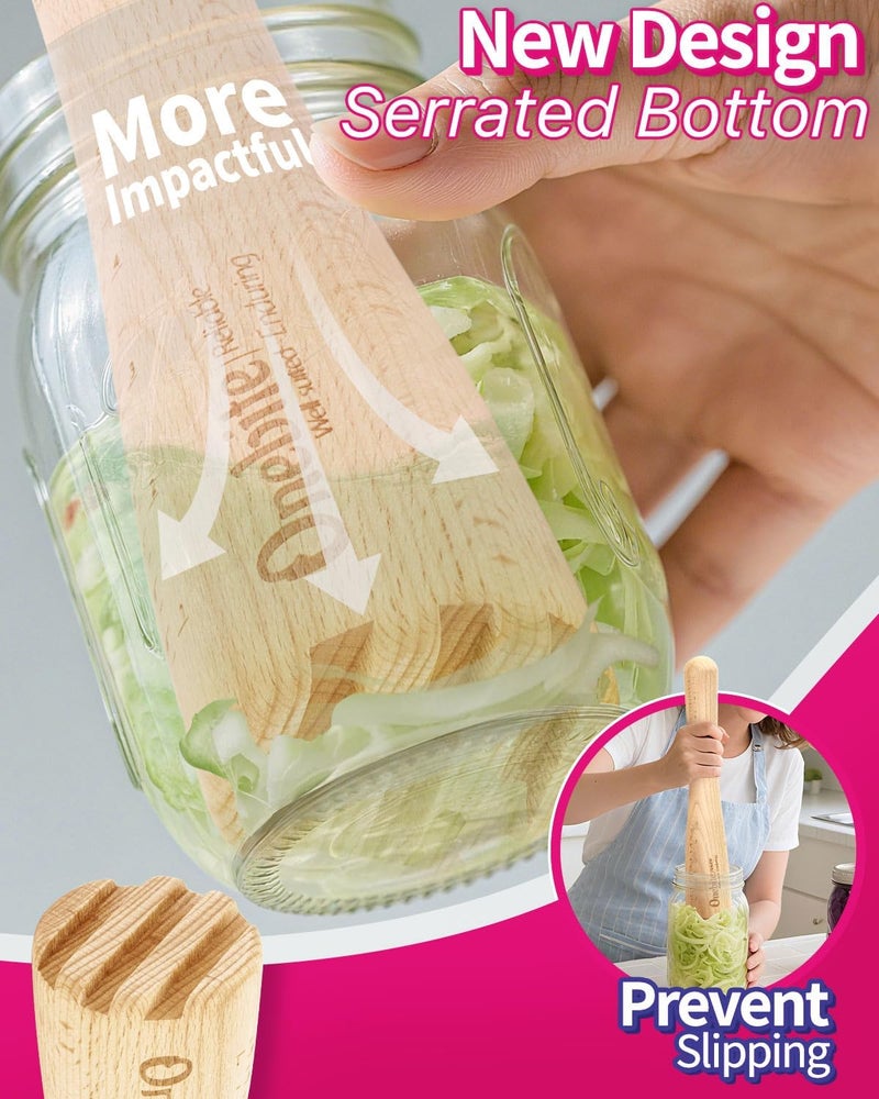 One Bite Sauerkraut Pounder for Mason Jars, Vegetable Fermentation Tamper for Sauerkraut Crocks with Scale Marks - 14" One Piece of Solid Wood, Upgraded Textured Base​ - Image 4